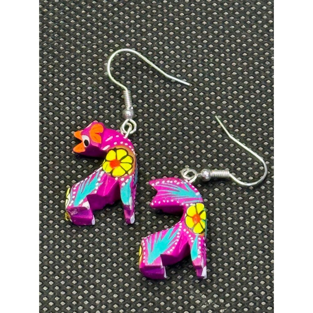 Magenta Cat Alebrije Earrings Hand Carved Painted Wood Oaxaca Mexican Folk Art